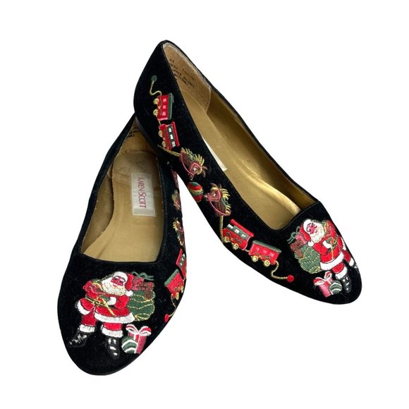 Vintage Shoes - Christmas Shoes Women's 8 Vintage Embroidered Santa Flats Ugly Christmas Sweater